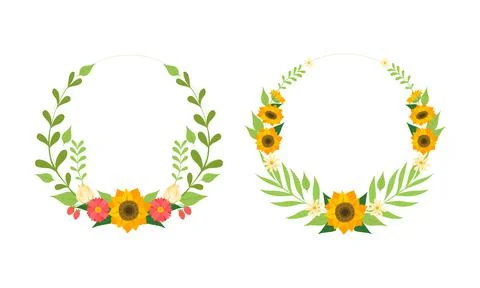 Floral Frames Set, Wreath Made of Summer Flowers and Green Leaves Vector Stock Illustration