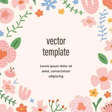 Floral frmae template, vector background with copy space, simple hand drawn Stock Illustration