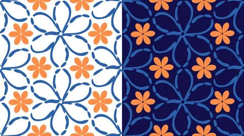 Floral geometric seamless pattern, doodle style, simple flower shapes, orange Stock Illustration