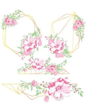 Floral geometric vector design frame. Pink hydrangea, pink rose, camellia, .. Illustrazione stock