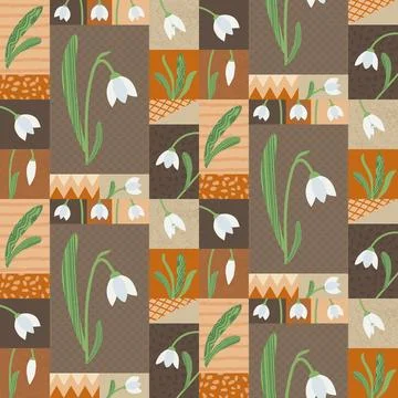 Floral geometric vector seamless pattern. Snowdrop illustration. Spring flowers Illustrazione stock