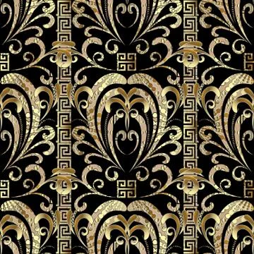 Floral gold 3d seamless pattern. Vector damask greek key background Stock Illustration