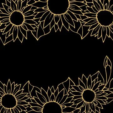 Floral graphic border, gold pattern on black background, greeting card Stockillustratie