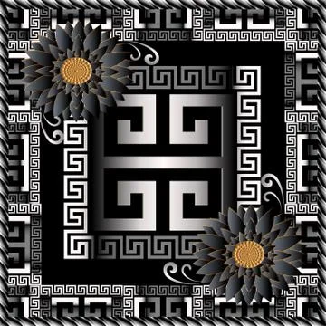Floral greek 3d panel pattern. Vector meander background. Ornamental square f イラスト素材