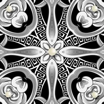Floral greek seamless pattern. Vector black and white vintage background. Repeat Illustrazione stock