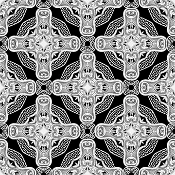Floral greek seamless pattern. Vector black and white vintage background. Repeat Illustrazione stock