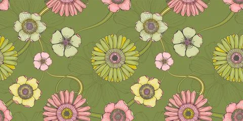 Floral green seamless pattern with gerberas and magnolias Stock Illustration