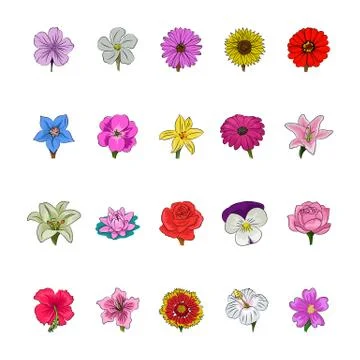 Floral Hand Drawn Colored Vector Icons Stock Illustration