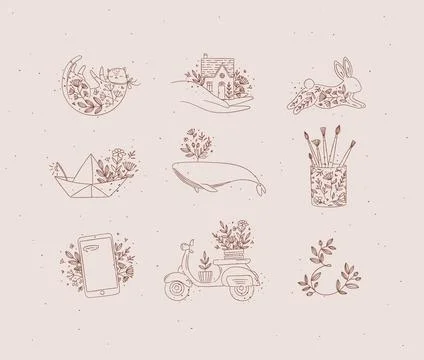 Floral hand-drawn elements brown Stock Illustration