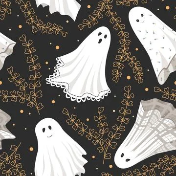 Floral hand drawn pattern with ghosts. Fall and Halloween background, vector  Illustrazione stock