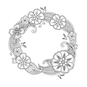 Floral hand drawn round frame in zentangle style isolated on white background Stock Illustration