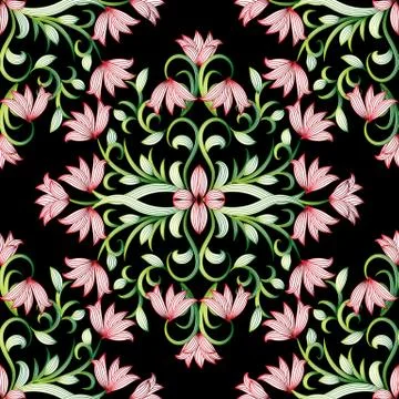 Floral hand drawn seamless pattern. Black flourish vector backgr Stock Illustration