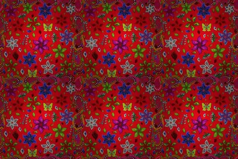 Floral hand drawn seamless pattern. Modern flourish black, green and red backgro イラスト素材