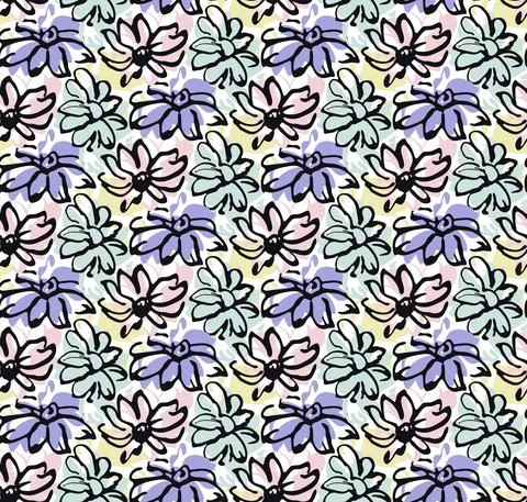 Floral hand drawn seamless pattern. Doodle ink brush stroke, pastel colored Stock Illustration