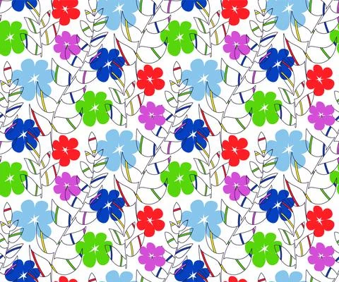 Floral hand drawn seamless pattern, tropical leaves, simple flower silhouettes Stock Illustration