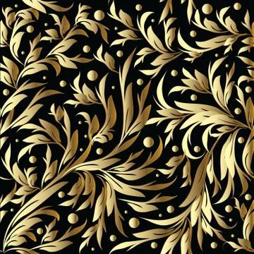 Floral hand drawn vector seamless pattern. Gold black leafy background wallpa Stock Illustration