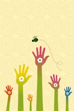 Floral hand with flying bee Stock Illustration