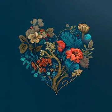 Floral heart. Heart of flowers. Wedding card. Love symbol on blue backgroun.. Stock Illustration