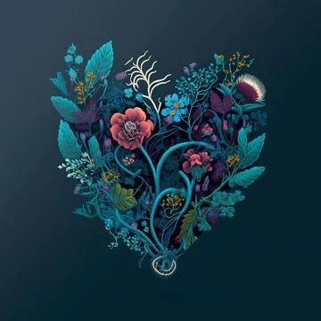 Floral heart. Heart of flowers. Wedding card. Love symbol on blue backgroun.. Stock Illustration