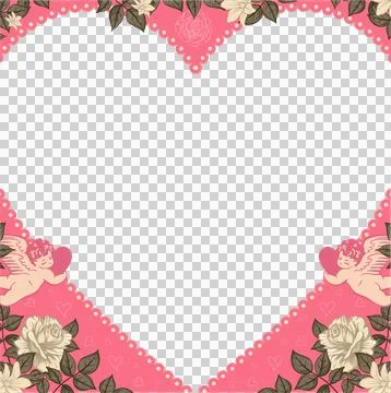 Floral heart vector is featuring cherubs holding pink hearts, cream roses on Stock Illustration