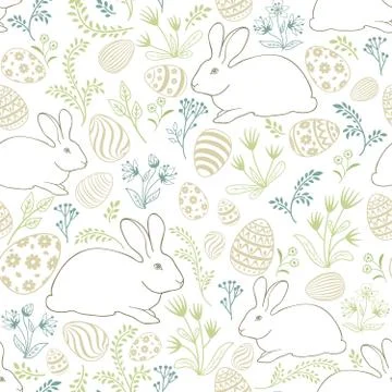 Floral holiday pattern. Easter bunny, eggs seamless background. Ilustración de archivo