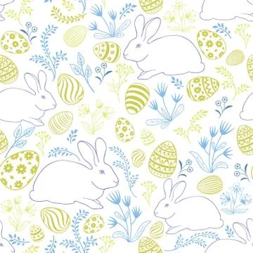 Floral holiday pattern. Easter bunny, eggs seamless background. Stock Illustration