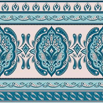 Floral indian paisley pattern vector seamless border. Vintage ethnic flower Illustrazione stock
