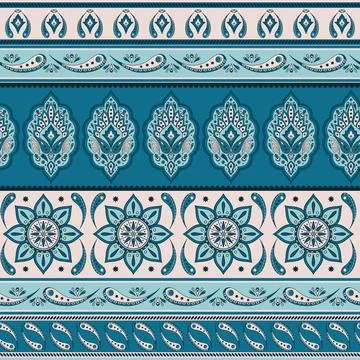Floral indian paisley pattern vector seamless border. Stock Illustration