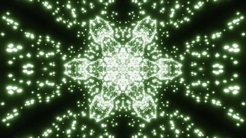 Floral kaleidoscopic shape absorbing tiny glowing particles. Design. Pulsating Stock Illustration