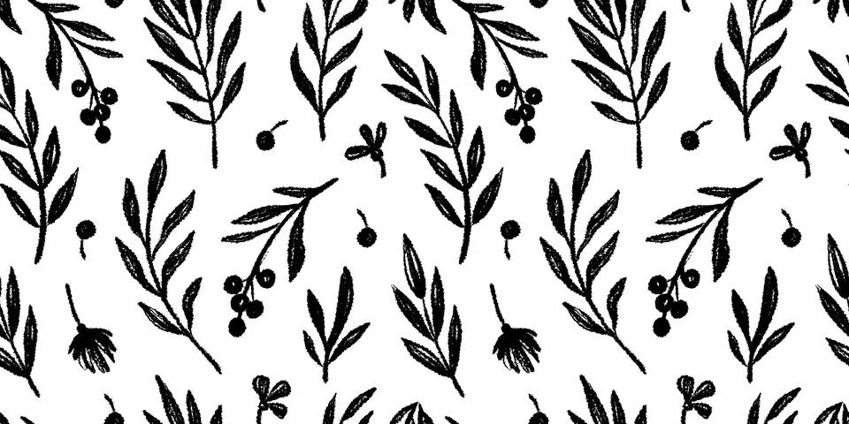 Floral leaf seamless black pattern vector background. Hand drawn crayon abstract Illustrazione stock