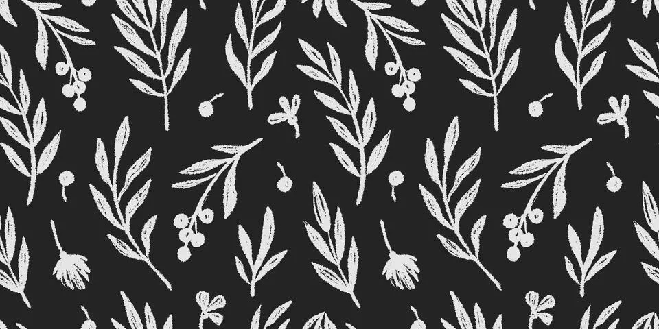 Floral leaf seamless black pattern vector background. Hand drawn crayon abstract Illustrazione stock