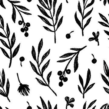 Floral leaf seamless black pattern vector background. Hand drawn crayon abstract 스톡 일러스트