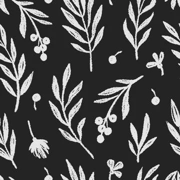 Floral leaf seamless black pattern vector background. Hand drawn crayon abstract Stock Illustration