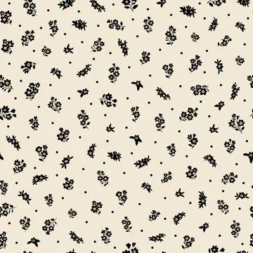 Floral liberty pattern with small black flowers field on a white background.. Stock Illustration