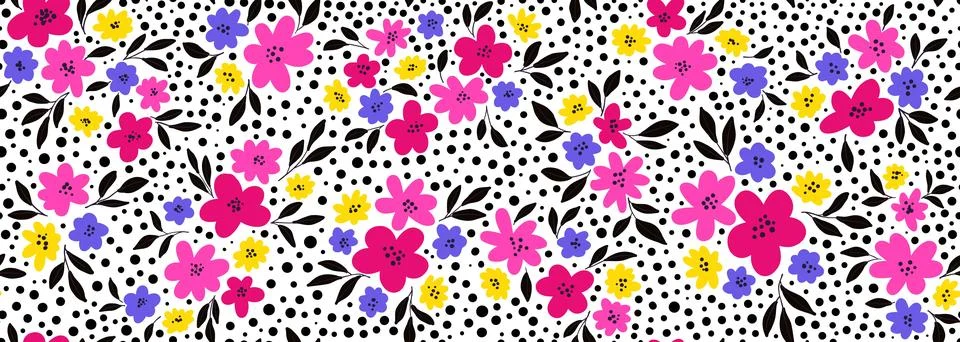 Floral liberty pattern with small colorful flowers field on a white backgroun Stock Illustration