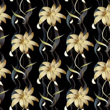 Floral luxury seamless pattern. Vector black striped floral background. 3d wa 스톡 일러스트