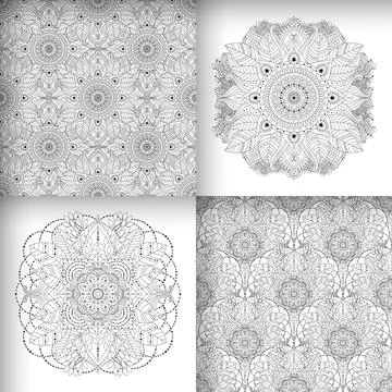 Floral mandala and seamless patterns in black and white. Adult coloring book  스톡 일러스트