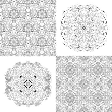 Floral mandala and seamless patterns in black and white colors. Oriental, asi 스톡 일러스트