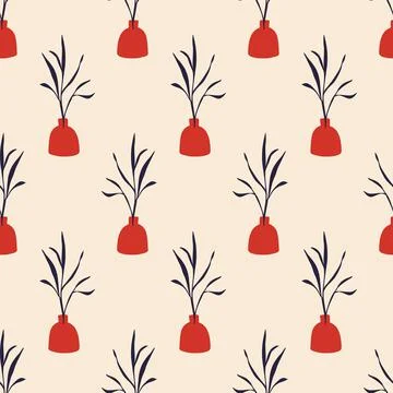 Floral minimal seamless pattern. Modern art aesthetic vases and plants Stock Illustration