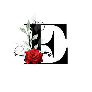 Floral monogram, letter E - decorated with red rose and watercolor leaves Stock Illustration