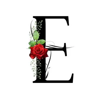 Floral monogram, letter E - decorated with red rose and watercolor leaves Stock Illustration