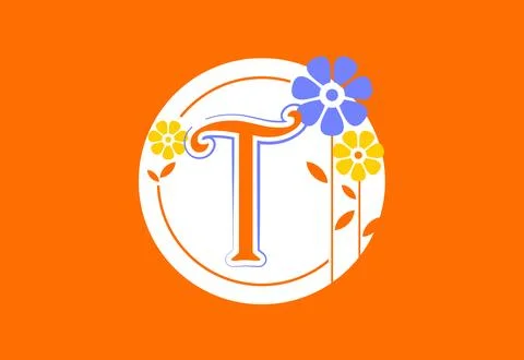 Floral monogram letter T. Initial alphabet with botanical elements. Floral .. Illustrazione stock