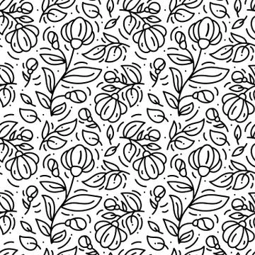 Floral monoline seamless pattern background, textile printing. Hand drawn end Illustrazione stock