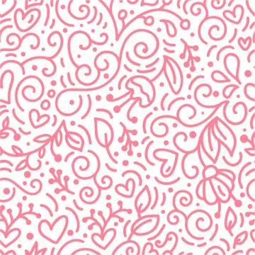 Floral monoline seamless pattern background, textile printing. Hand drawn end Illustrazione stock