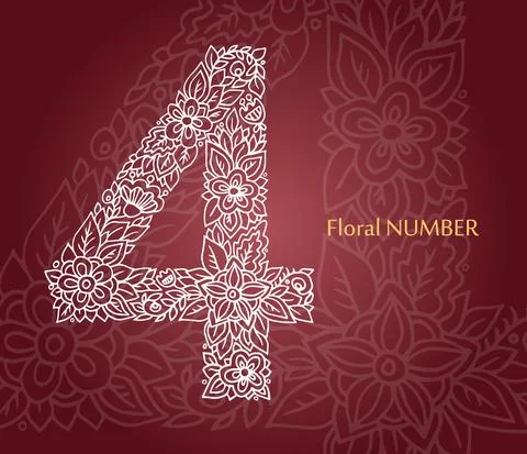 Floral number 4 made of white line leaves and flowers on burgundy background. Stock Illustration