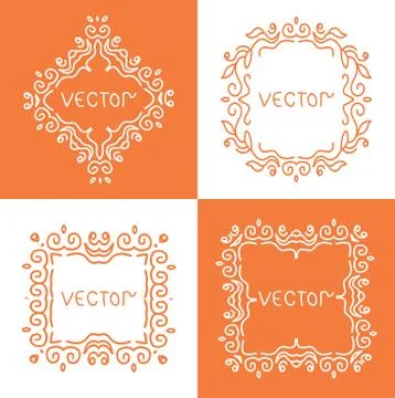 Floral outline frames and borders. Vector mono line graphic design templates. イラスト素材
