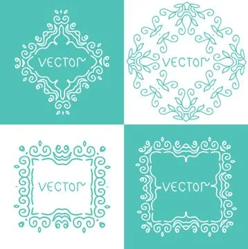 Floral outline frames and borders. Monogram mono line style. Vector design el Stock Illustration