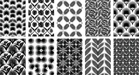 Floral pattern backgrounds with tropical leaves and foliage in black and whit 스톡 일러스트