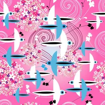 Floral pattern with birds Stock Illustration