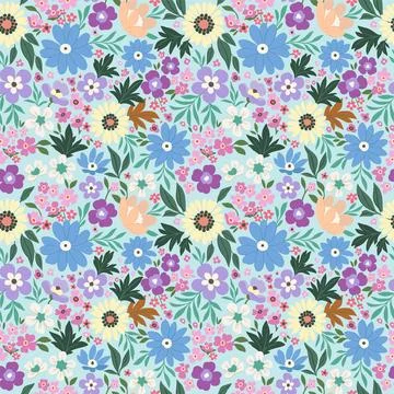 Floral pattern of blue, light yellow and purple flowers on a light turquoise  Stock Illustration
